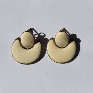 Vintage Cream Enamel Clip On Earrings Gold Tone Geometric Statement